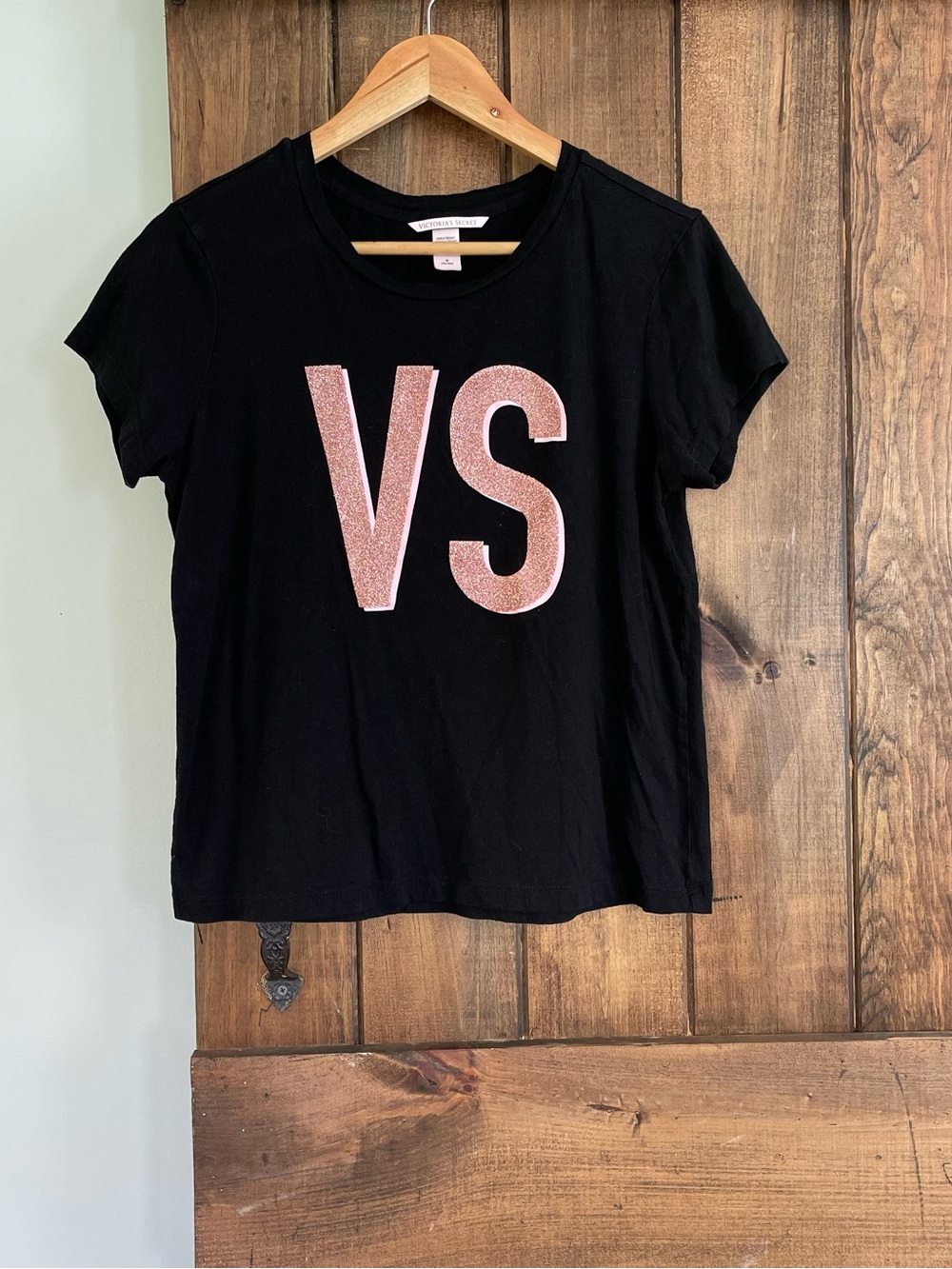 Victoria's Secret Black & Pink Cotton Modal VS Glitter Initial Tee Medium
